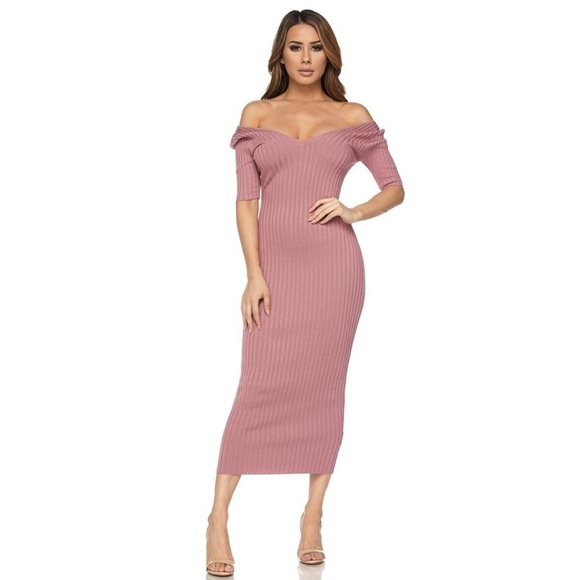 🎀 LAST ONE 🎀 Mauve Ribbed Sexy Midi Fall Bodycon Dress (B) - Picture 4 of 8